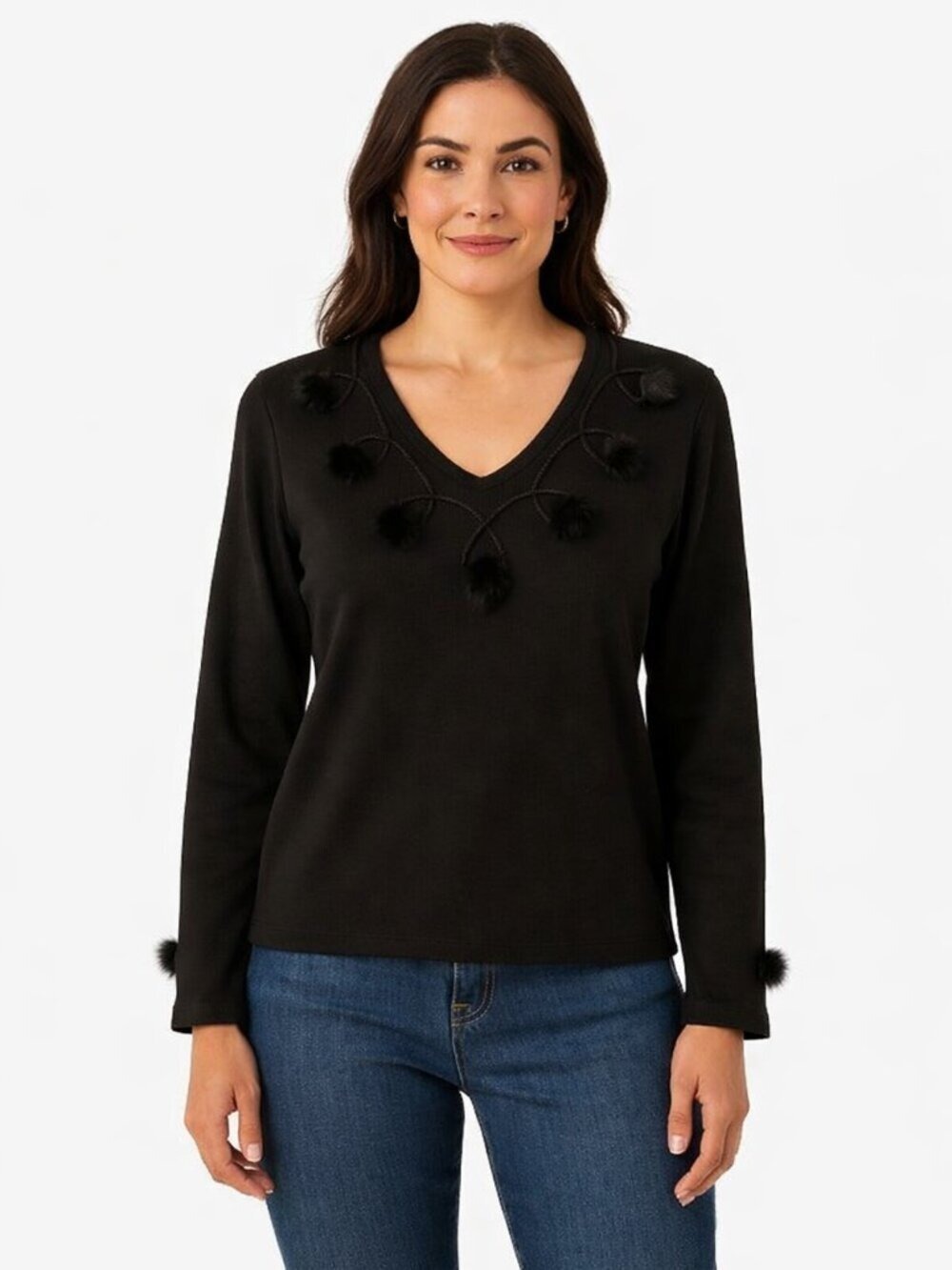 Lennie for Nina Leonard Black V-Neck Sweater with Fur Trim Size Large